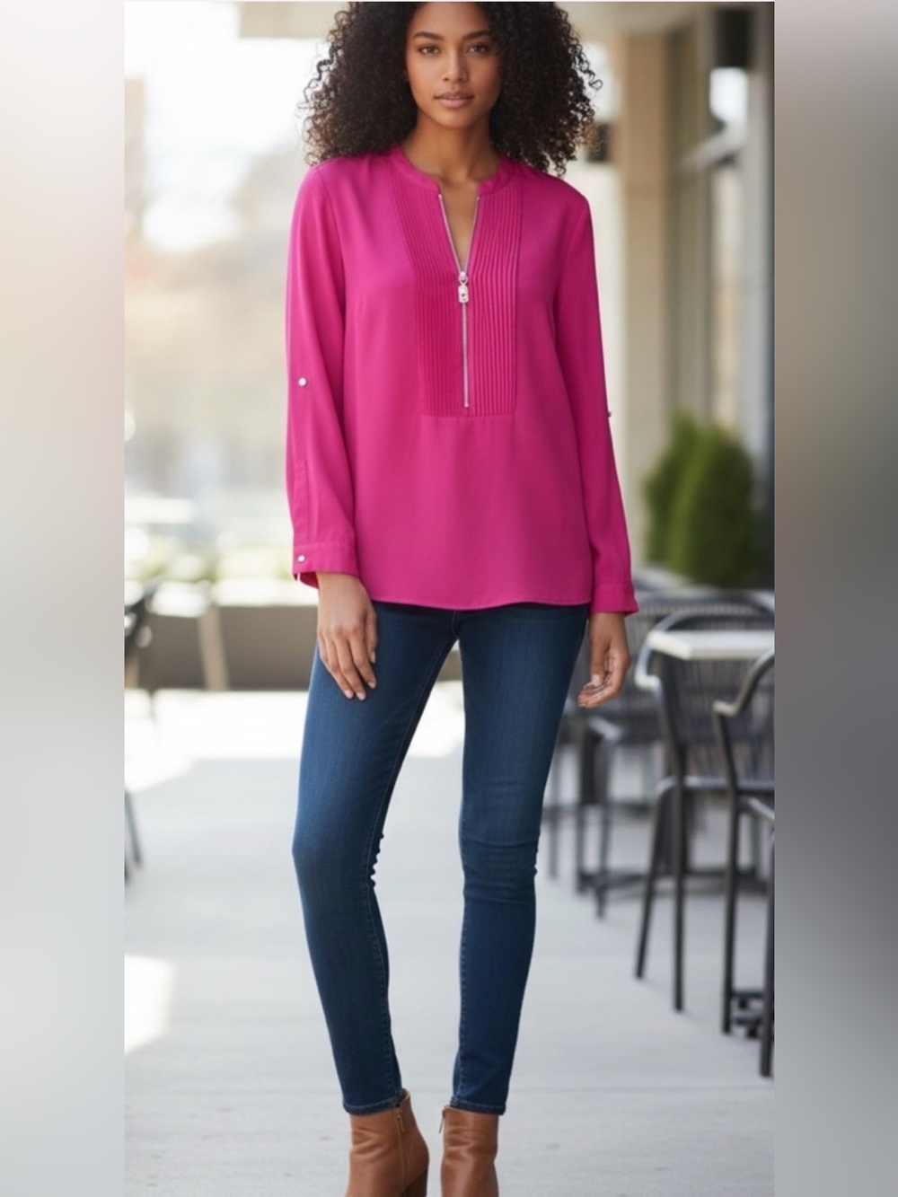 Michael Kors Women's Bright Fuchsia Zip-Pintuck Blouse Large